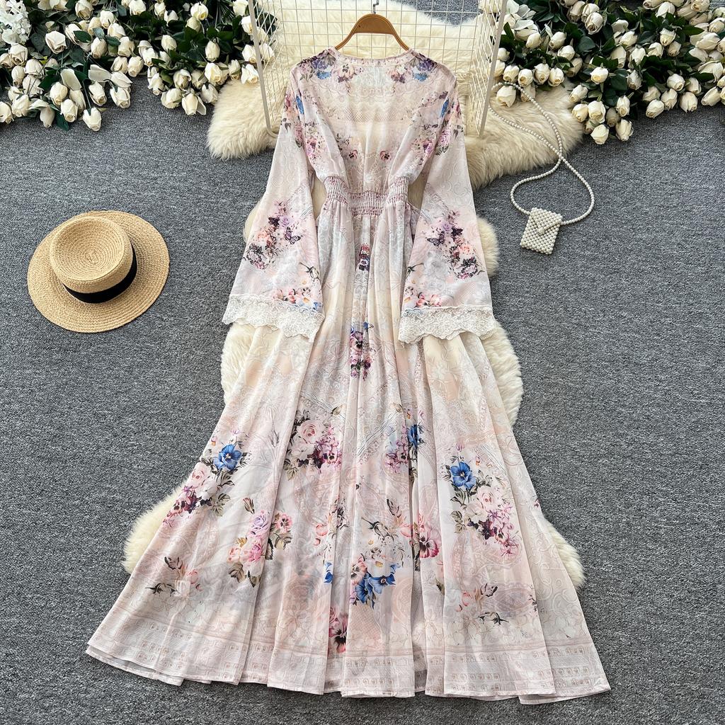 Summer Bohemian Printed Maxi Dress Women Deep V Neck Long Sleeve Lace Trim Cuff High Waist A‑Line Flowy Holiday Party Dress