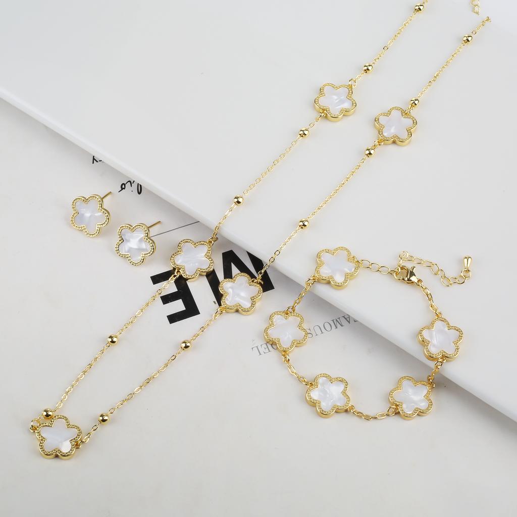 New Sweater Chain Five Point Star Creative Plant Plum Blossom Jewelry Set Shell Simple Bracelet/Necklace/Earrings Women's Clover