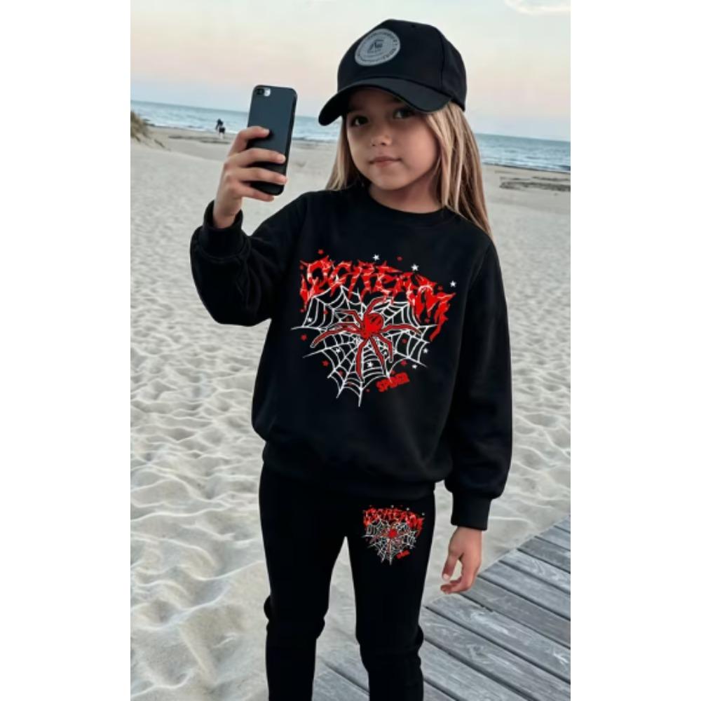 Girls' Cool Spider Casual Comfortable Soft Loose Pullover Sweatshirt and Leggings 2-Piece Set, New Autumn/Winter, Playful, Sweet and Cool Style