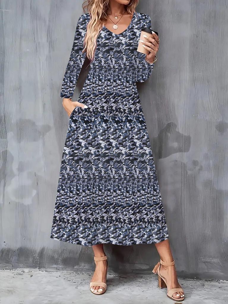 2025 Herbst und Winter Neues Damen Casual Modekleid 3D Retro Musterdruck Langarm V-Ausschnitt A-Linien-Kleider