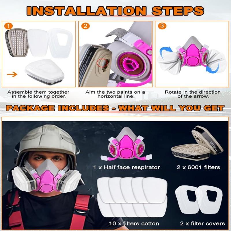 Half Face Respirator Kit, Activated Carbon Filters for Paint, Chemical, Welding, with 10 Filter Cottons