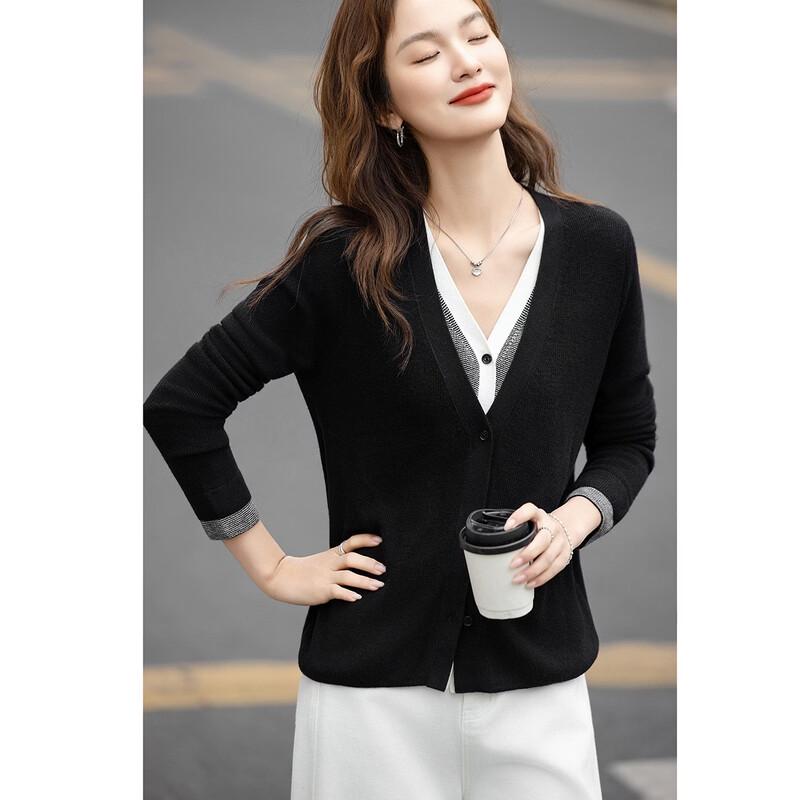 Women's Merino Wool Silk Blend Faux Two-Piece Knit Cardigan