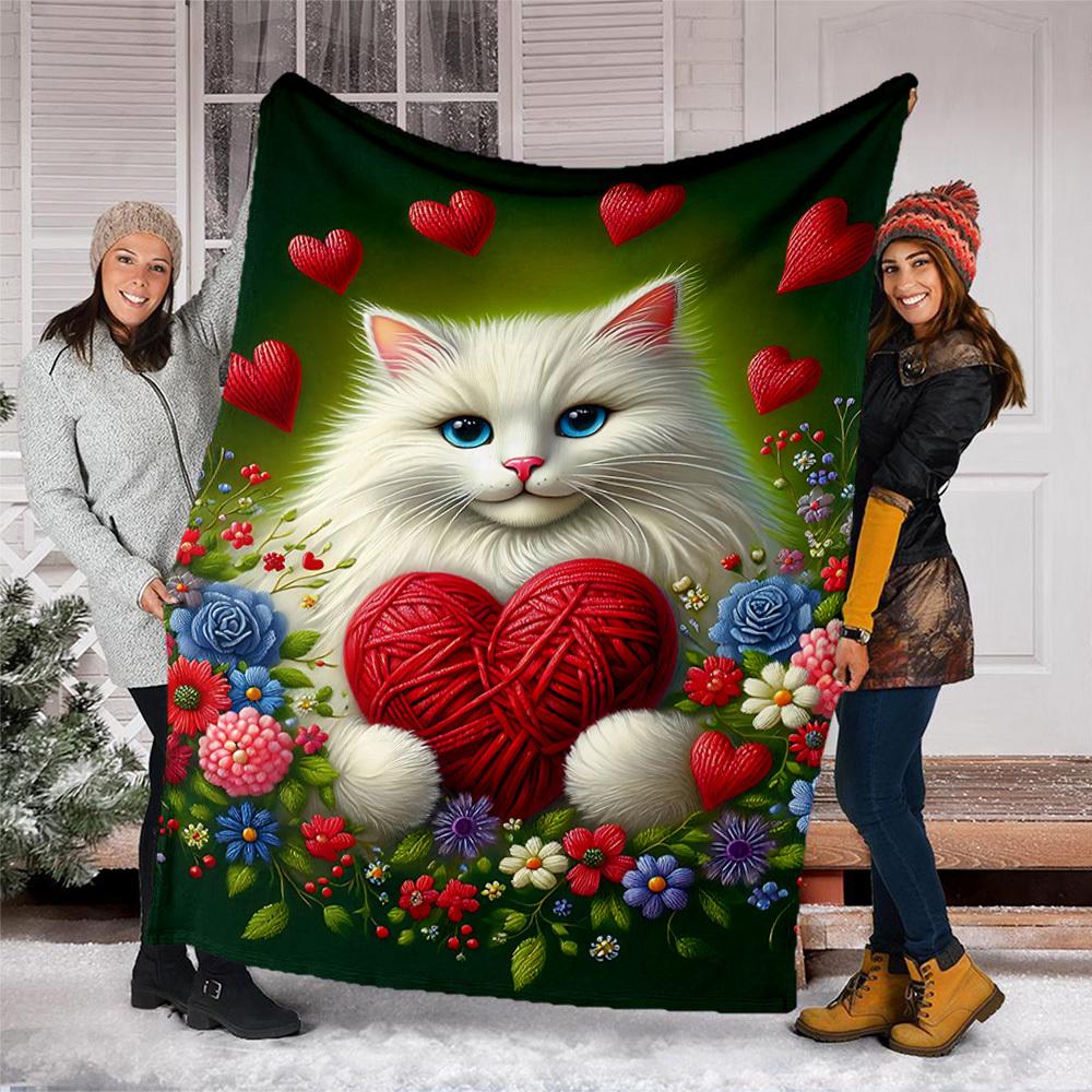 1pc Cat Heart Flowers Outdoor Flannel Blanket , Machine Washable Perfect Gift for Birthday , Holiday Travel Accessory , Durable Material