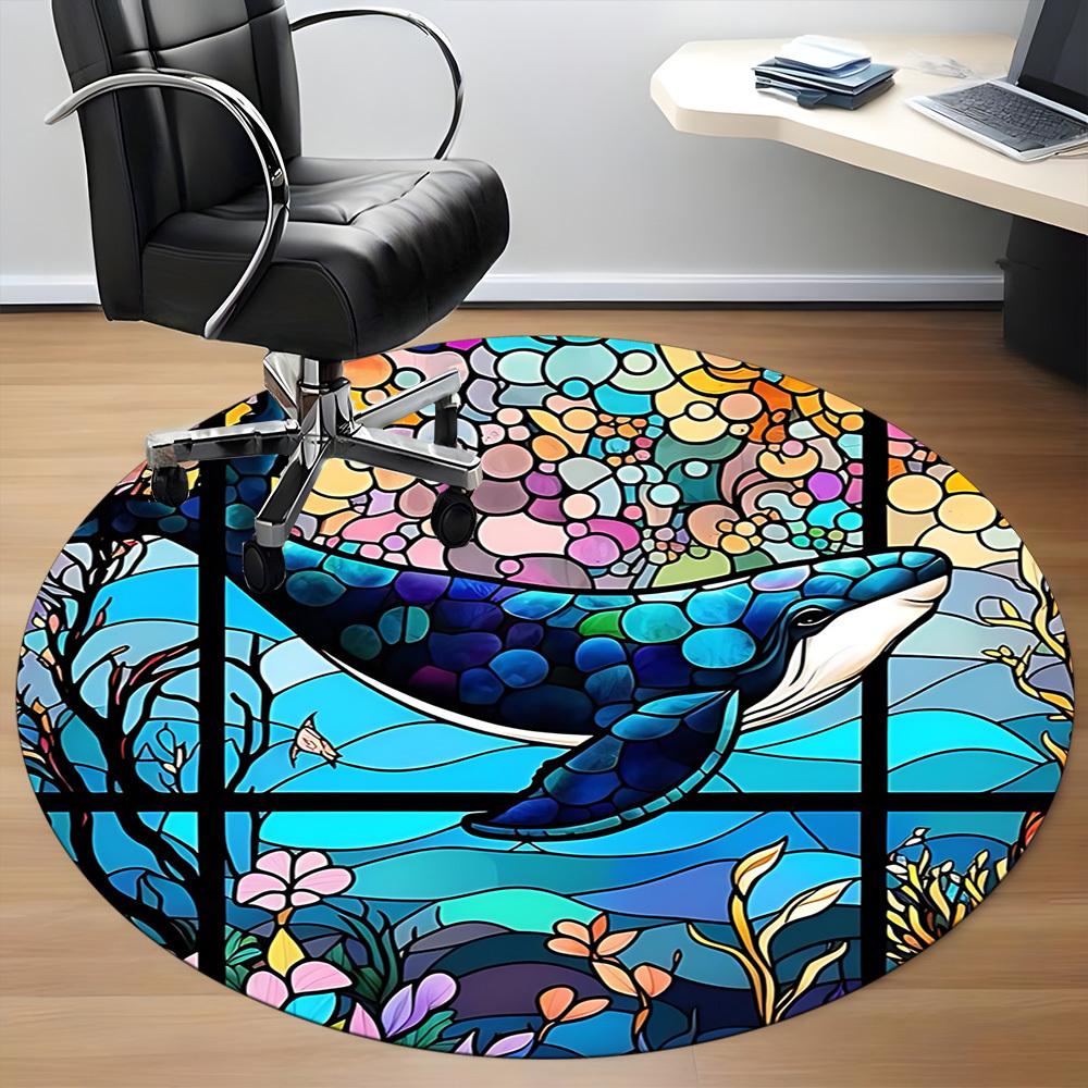 1pc Whale StainedGlass Office Round Area Rug, Under Office Chairs Bedroom Living Room Home Decor, Room Deco