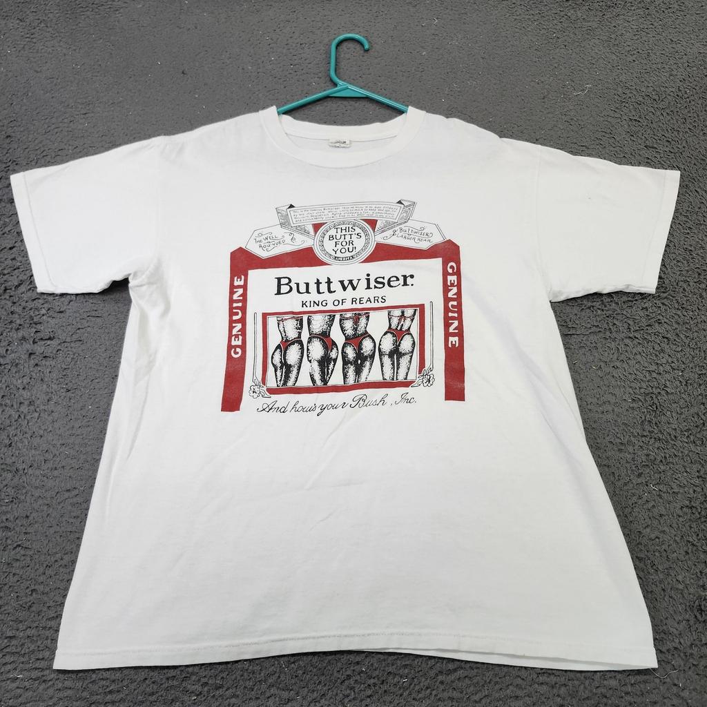 Buttwiser King Of Rears Shirt Mens Large White Beer Parody Graphic Novelty Tee Unisex T-Shirt