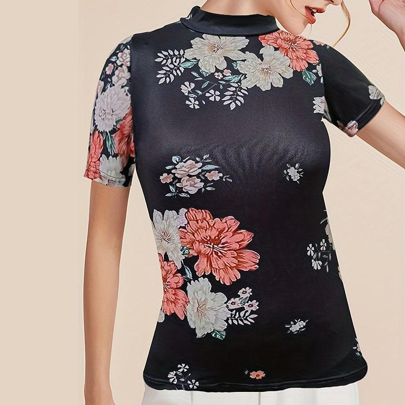 T-shirt da donna estiva casual a maniche corte con collo alla coreana e stampa floreale