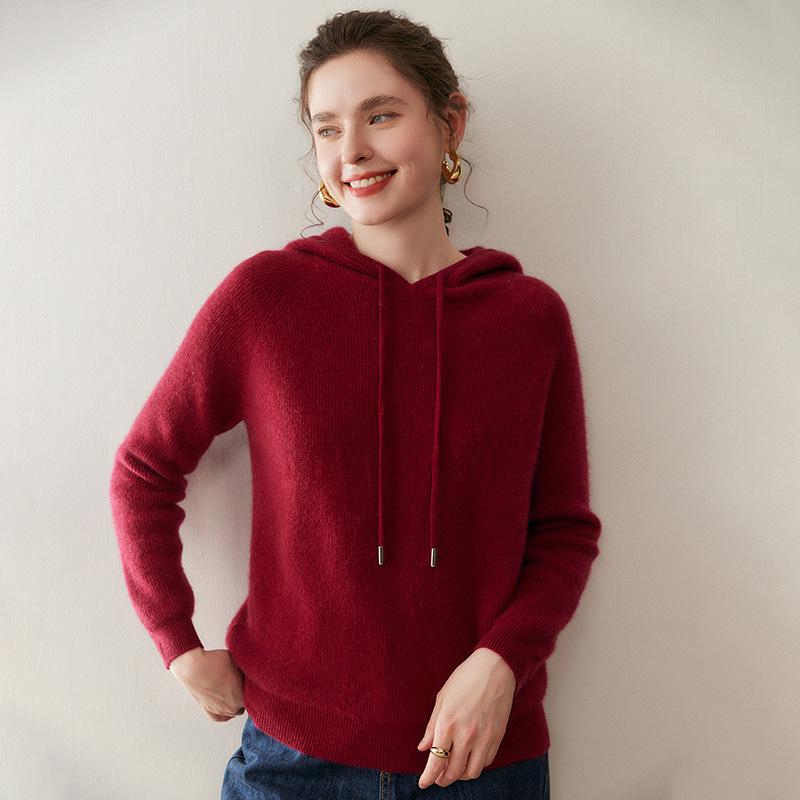 Women's Cashmere Drawstring Hoodie: Autumn & Winter Long Sleeve Knit Sweatshirt