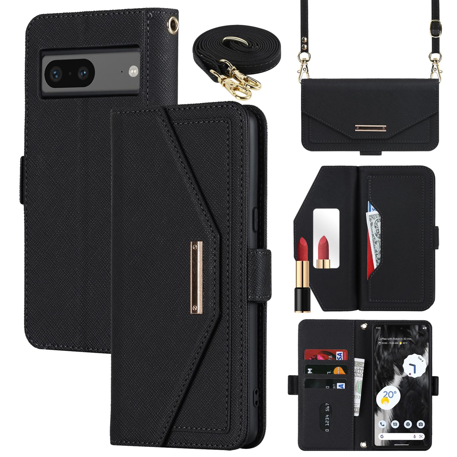 

For Google Pixel 7 5G Stand Case Cross Texture PU Leather Wallet Phone Cover with Shoulder Strap/Makeup Mirror Black