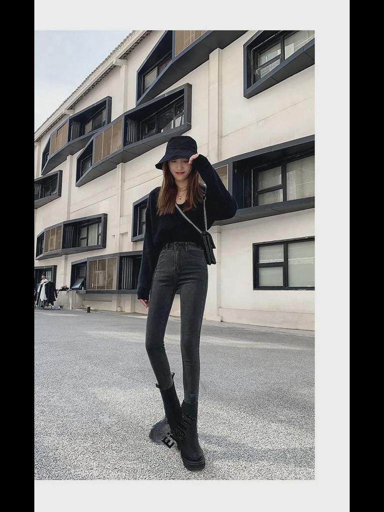 Women's Black High-Waist Slim Fit Elastic Pencil Jeans - 2022 Spring Collection