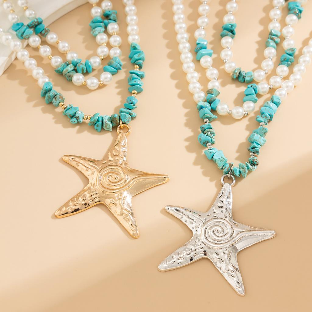 Wind Exaggerated Starfish Pendant Necklace Women'S Neck Chain Niche Stacking Wearing Imitation Pearl Ocean Wind Necklace