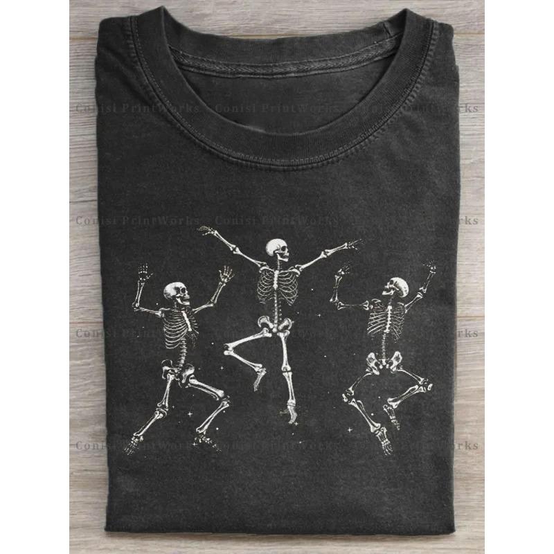 

Men S Washed Cotton T-Shirt with Retro Dancing Skeletons Print - Casual Short Sleeve Tee for Gym, Outdoor & Parties - Machine Washable Summer Top 5XL чорний