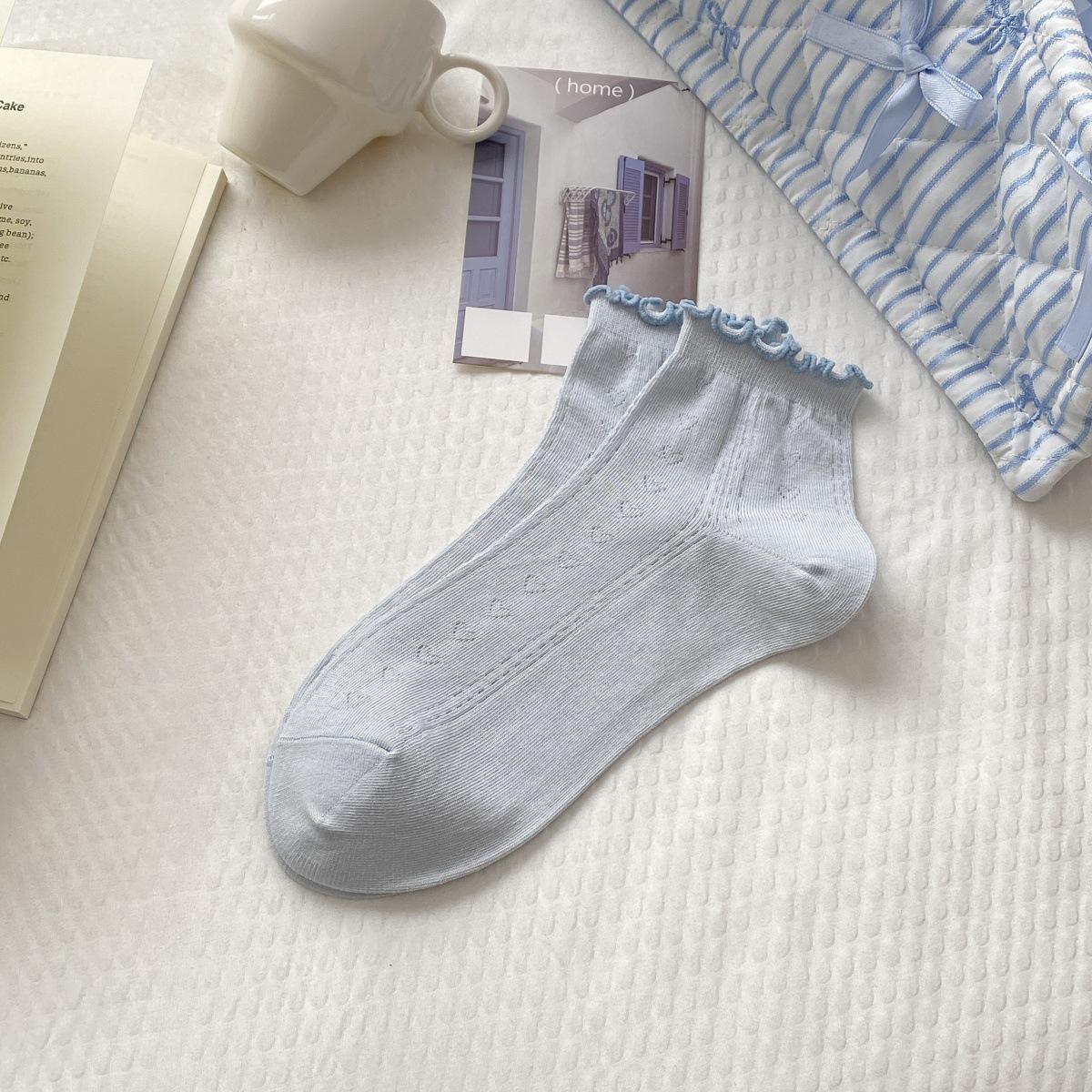 Japanese Lolita Style Combed Cotton Lace Ankle Socks for Women with Hidden Heart Pattern One Size