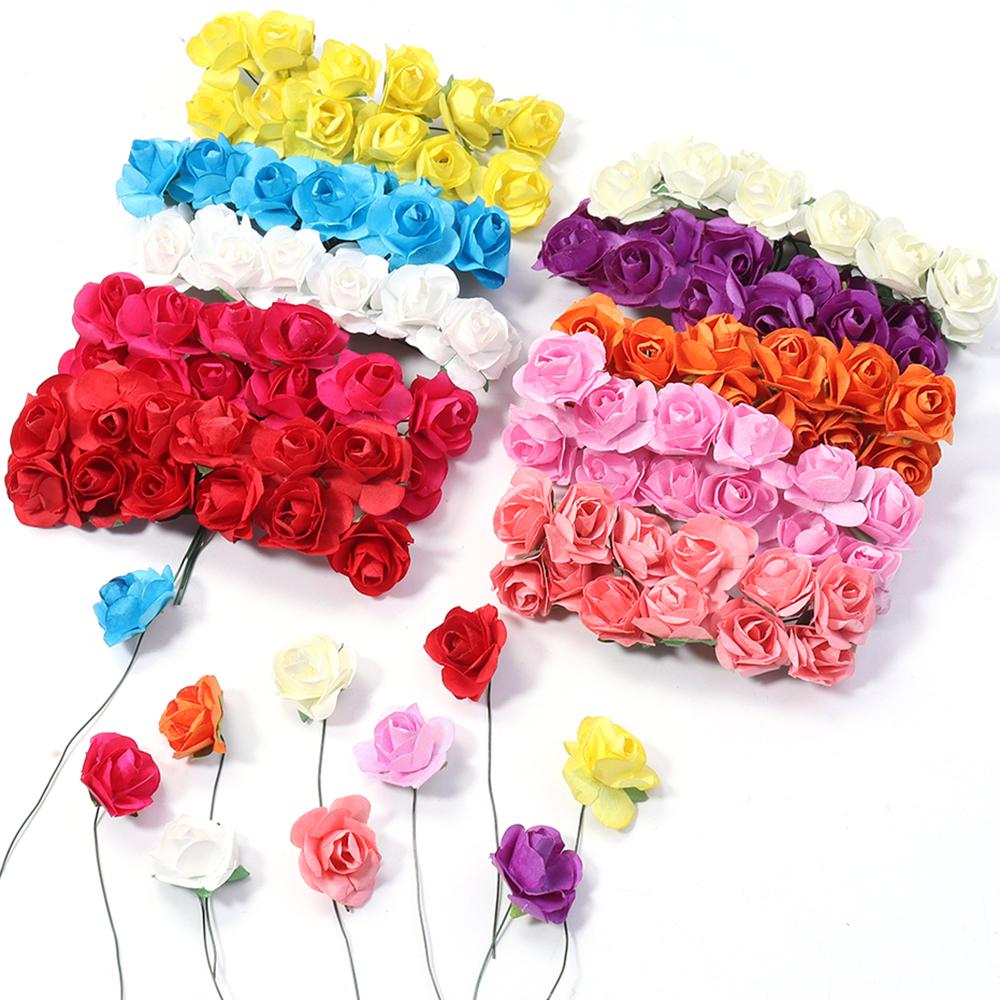 144pcs 2cm Paper Artificial Rose Flower Bouquet Colorful Mini Rose Fake Flowers For DIY Wedding Party Gifts Wreath Decoration