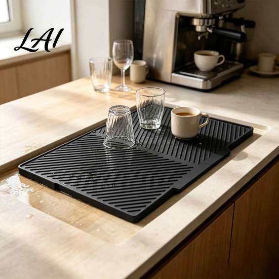 Flexible Draining Tray Silicone Dish Drying Mat for Kitchen Counter Heat Resistant Non-Slip Drain Food Grade Accessory Pad with Drainage Spout
