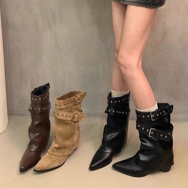 American Spice Girls Belt Buckle Pants Boots Western Cowboy Boots Women's New Autumn Retro Pointed Martin Boots