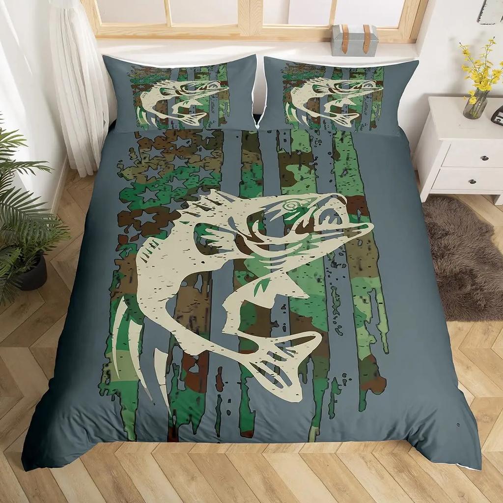 Pike Fish Bedding Striped Bass Big Pattern Hunting and Fishing Themed Duvet Cover for Kids Boys BedRoom Decorations for Teens