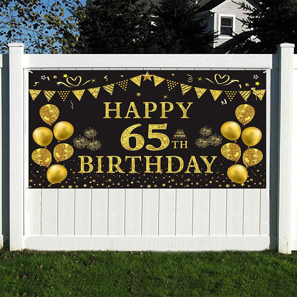 Trgowaul 65th Birthday Backdrop Gold and Black 5.9 X 3.6 Fts Happy Birthday Party Decorations Banner for Women Men Photography Supplies Background