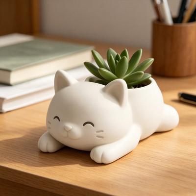 3D Printed Cat Planter Pot Lying Kitten Succulents Herb Plants Flower Pot Container for Indoor Outdoor Home Balcony Garden