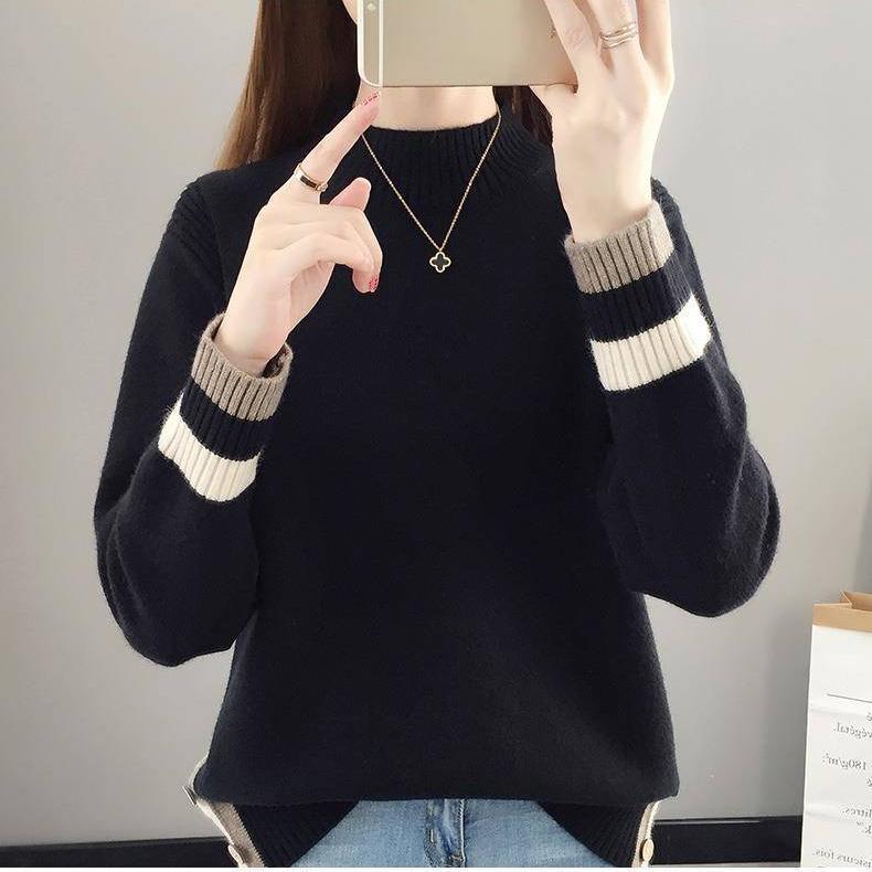 

Осень-зима женский полуводолазка свитер свободный вязаный свитер топ пуловер вязаный джемпер верхняя одежда XXXL чёрный