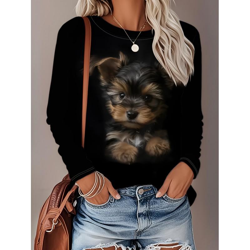 Womens Loose Fit Long Sleeve Round Neck Tee With 3D Peacock Cat Print - Milk Silk Fabric 2025 Casual Top