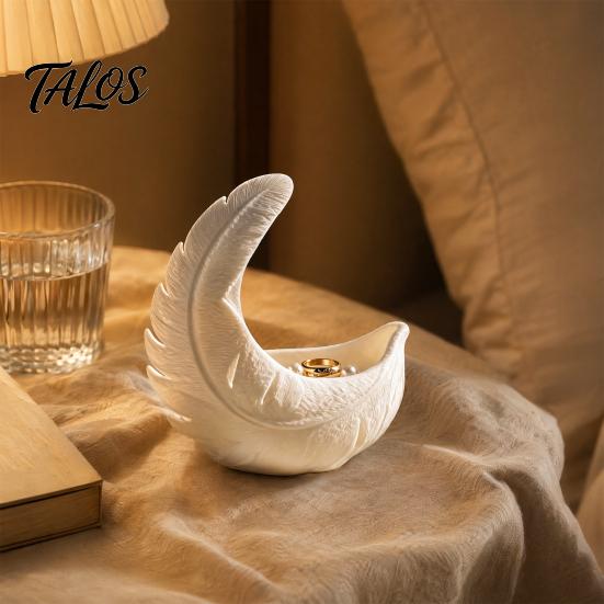 Warm Touch Home Accessory 3D Printed Feather & Crescent Moon Trinket Dish, Silk White Matte Decorative Design Storage Bowl, Artistic Multi-Functional
