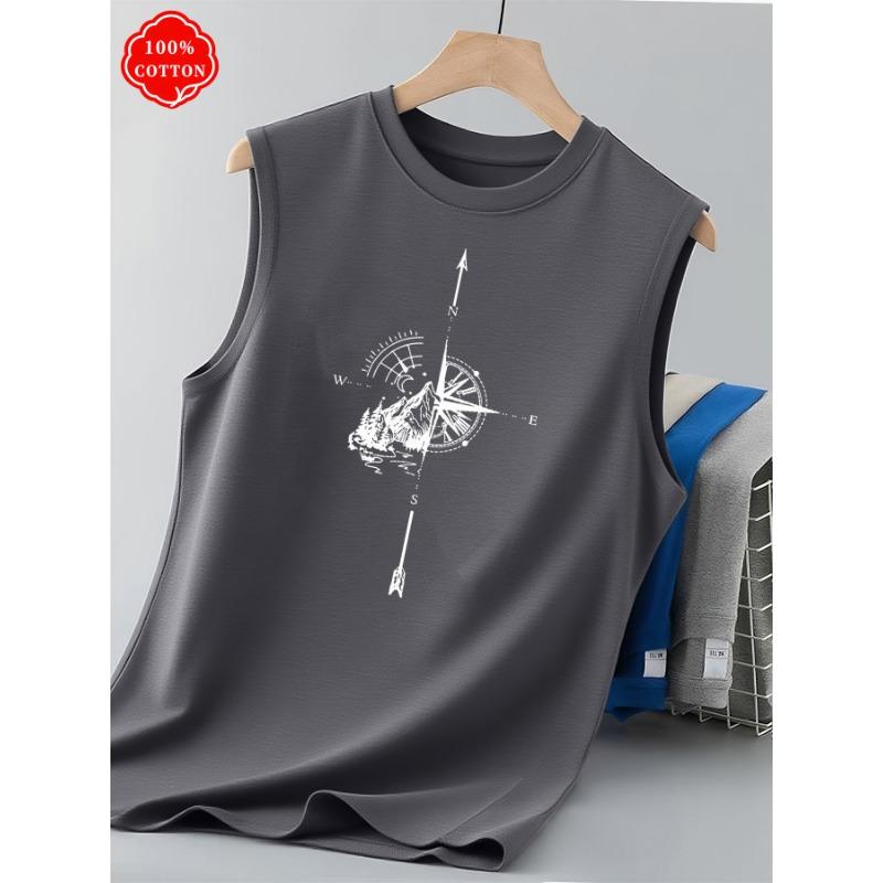 Men's Summer Sleeveless Top Vintage Mountain Compass Pattern Print Casual Oversized Tank Top Outdoor Street Vest