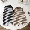 Unisex Infant Striped Sleeveless Romper with Lapel and Snap Crotch