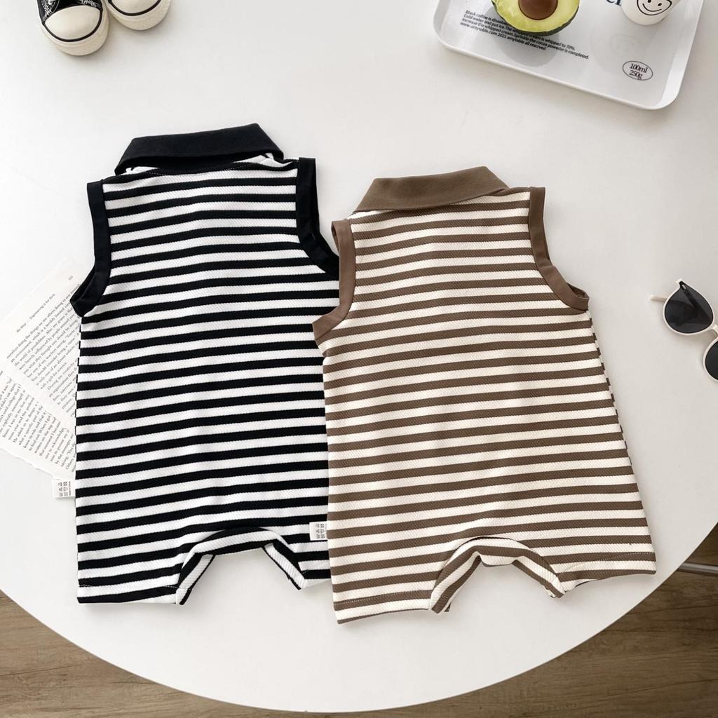 Unisex Infant Striped Sleeveless Romper with Lapel and Snap Crotch