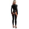 Womens Wet Look Catsuit Patent Leather Jumpsuit Long Sleeve Bodysuit Zipper Stand Collar Cutout Crotch Catsuit