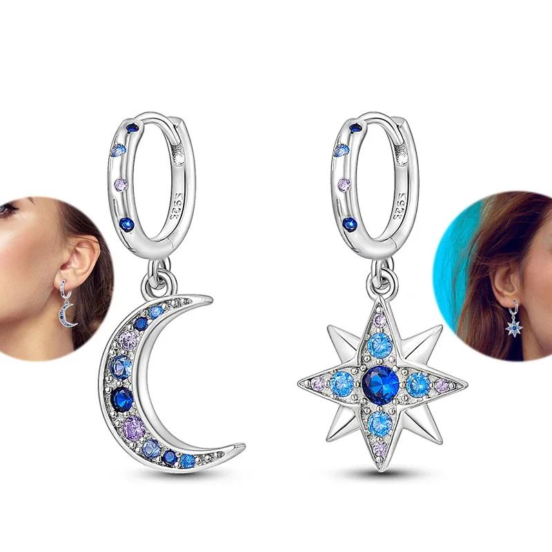 925 Sterling Silver Love Feather Moon Star Heart Earrings Fit Original Charms Hoop for Women Girls Stud Earring Jewelry Gifts