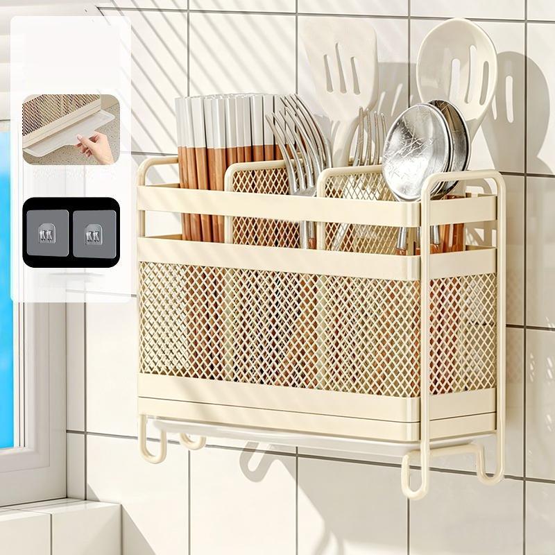 

2/3 Partition Kitchen Utensil Storage Rack Wall Mounted And Countertop Dual Use Space Saving With Drain Tray