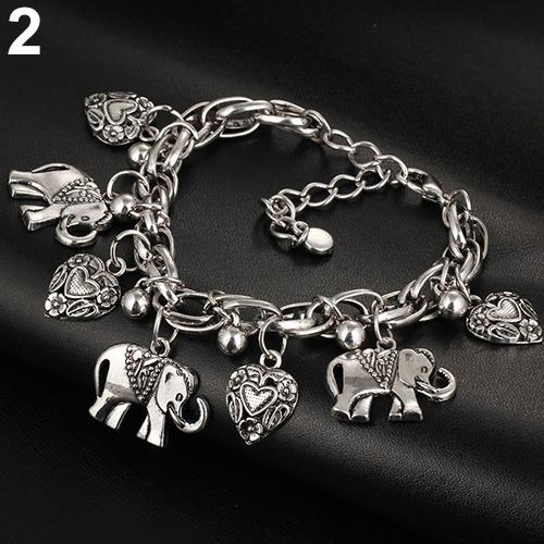 Kvinners vintage unike utskårne hjerte elefant skinnende anheng armbånd armbånd