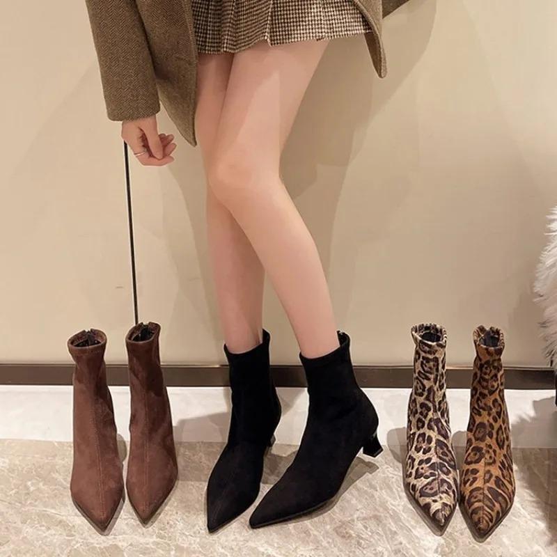 Women's Boots Temperament Pointed Ankle Boots High Quality Suede Leather Short Boots for Women Elastic Slim Fit Boot Botas Mujer