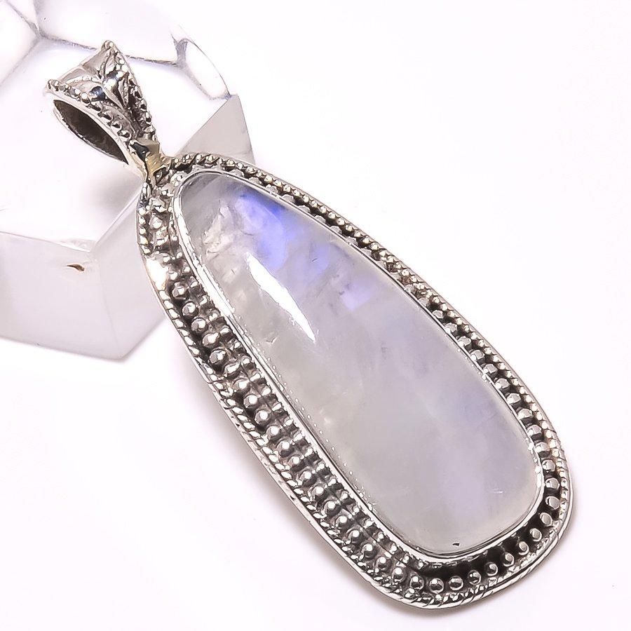 Natural Rainbow Moonstone Gemstone 925 Solid Sterling Silver Pendant 1.65" f7F79