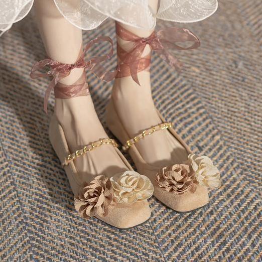 Dry Rose Camellia Princess Shoes Square Head Ballet Straps Girls Single Shoes Flat Fairy Bridesmaid Shoes Mary Jane