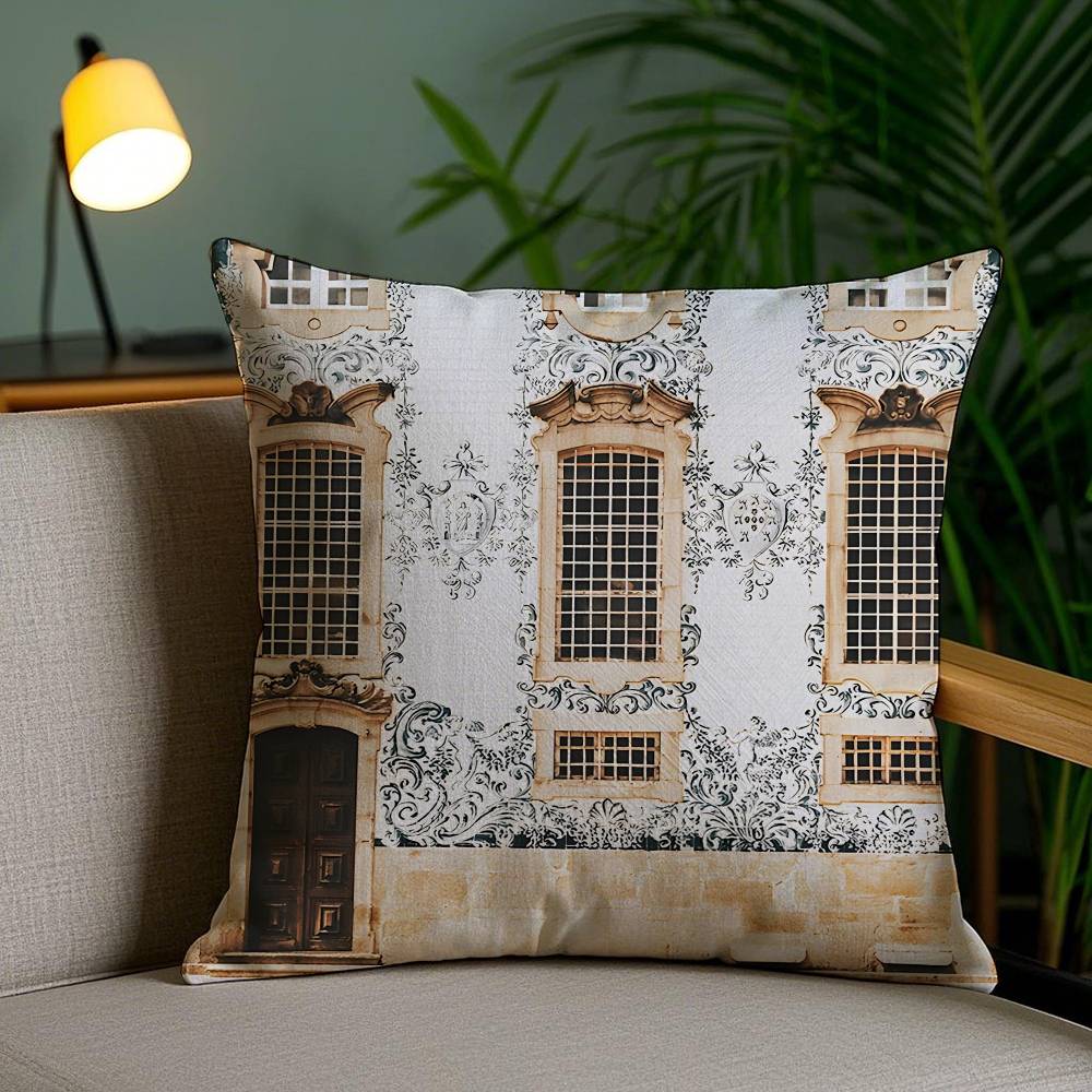 Spanish Beach Island Architecture Art Pillow Case Anti-dustmite Pillowcase Invisible zipper silky short plush Sofa cushion cover