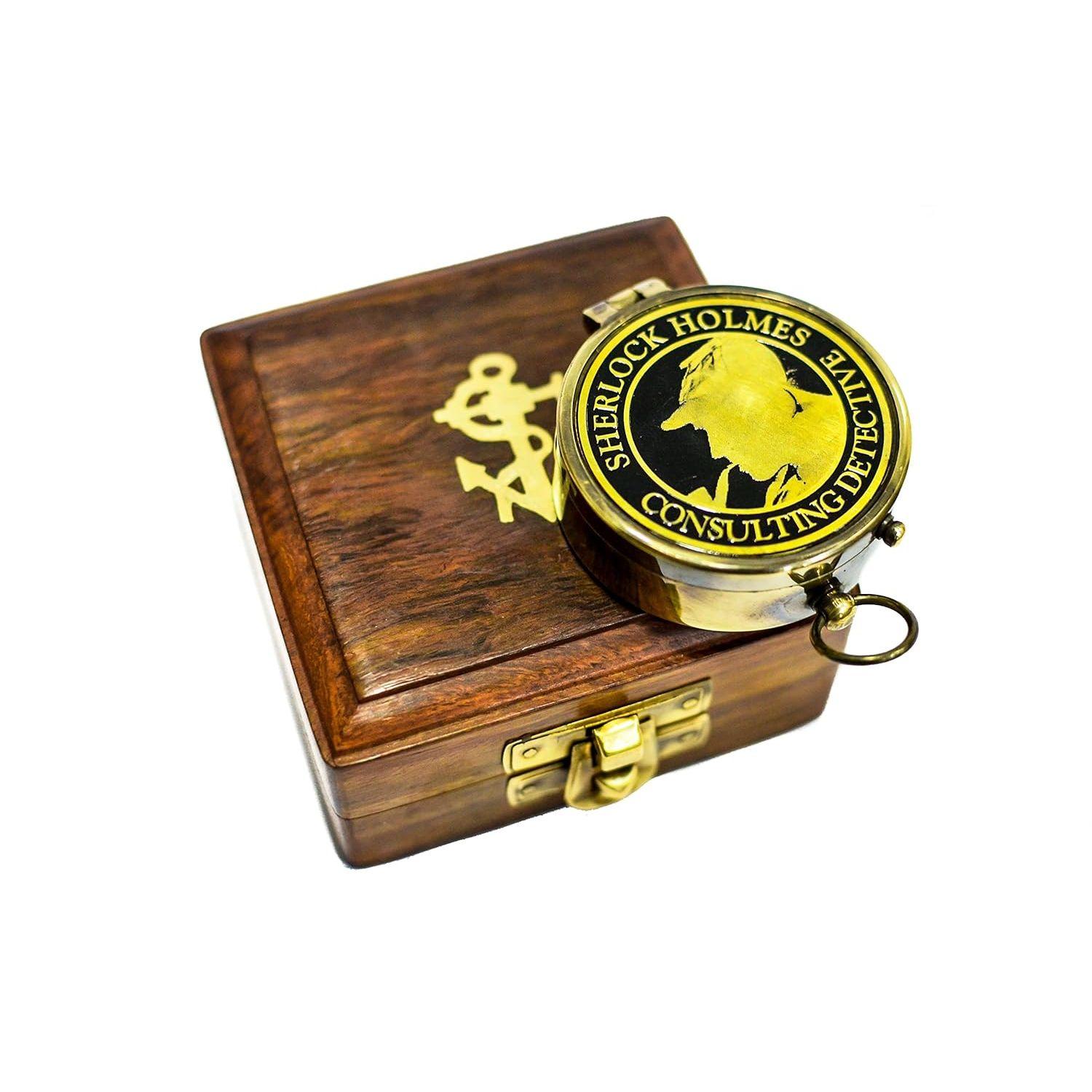 Antique Brass Pocket Compass with Wooden Box