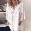 Women Half Sleeve Cotton Linen Hollow Out  Lace Patchwork T-Shirt Blouse Tops