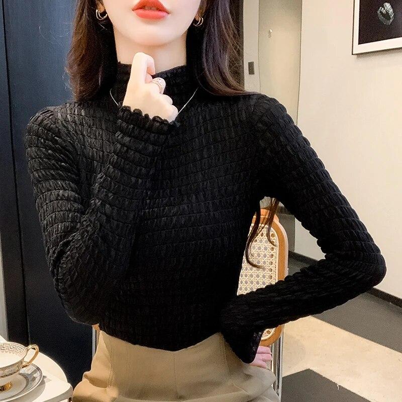 

Осенние тонкие плиссированные простые рубашки с длинными рукавами 2023, водолазка, модная кружевная женская блузка, женские повседневные элегантные топы, Blusas 29522 XXL чёрный