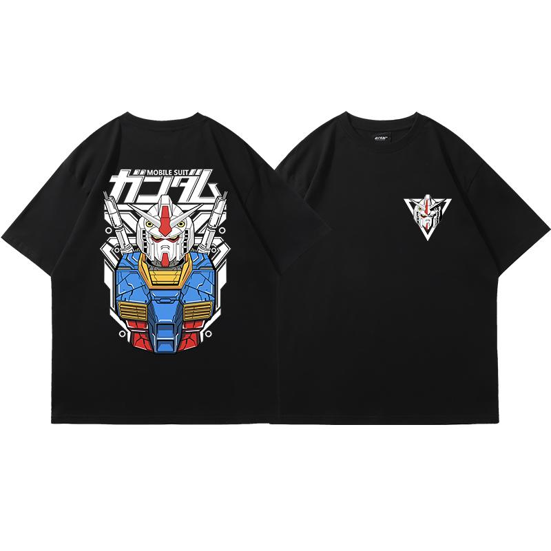 Gundam Shortsleeved Printed Tshirt 2025 Summer Male Tide Brand Cartoon Printing Pure Cotton Loose Youth Round Neck Tshirt
