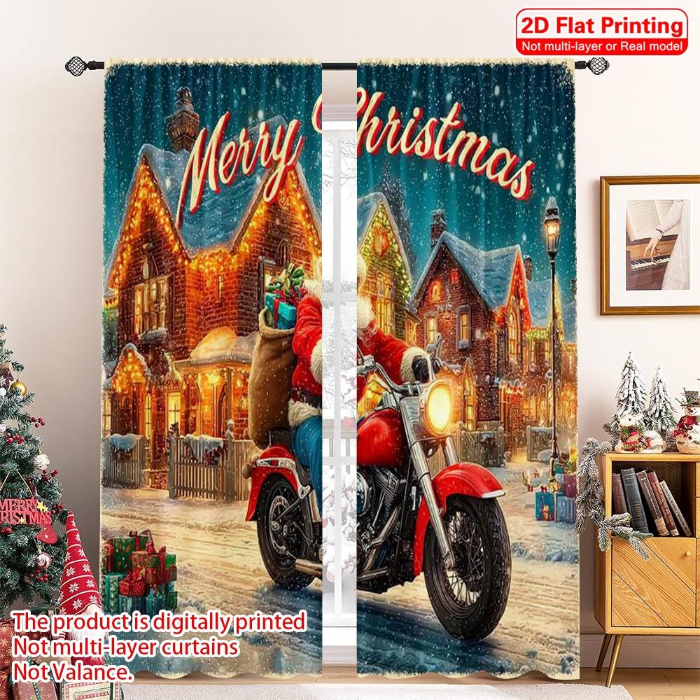 

Set Of 2 Flat Printing Christmas Drapes Santa Claus Motorcycle Polyester Without Electricity Holiday Decorations Curtain Machine Washable W100*H70(CM)-Grommet top&1PCS