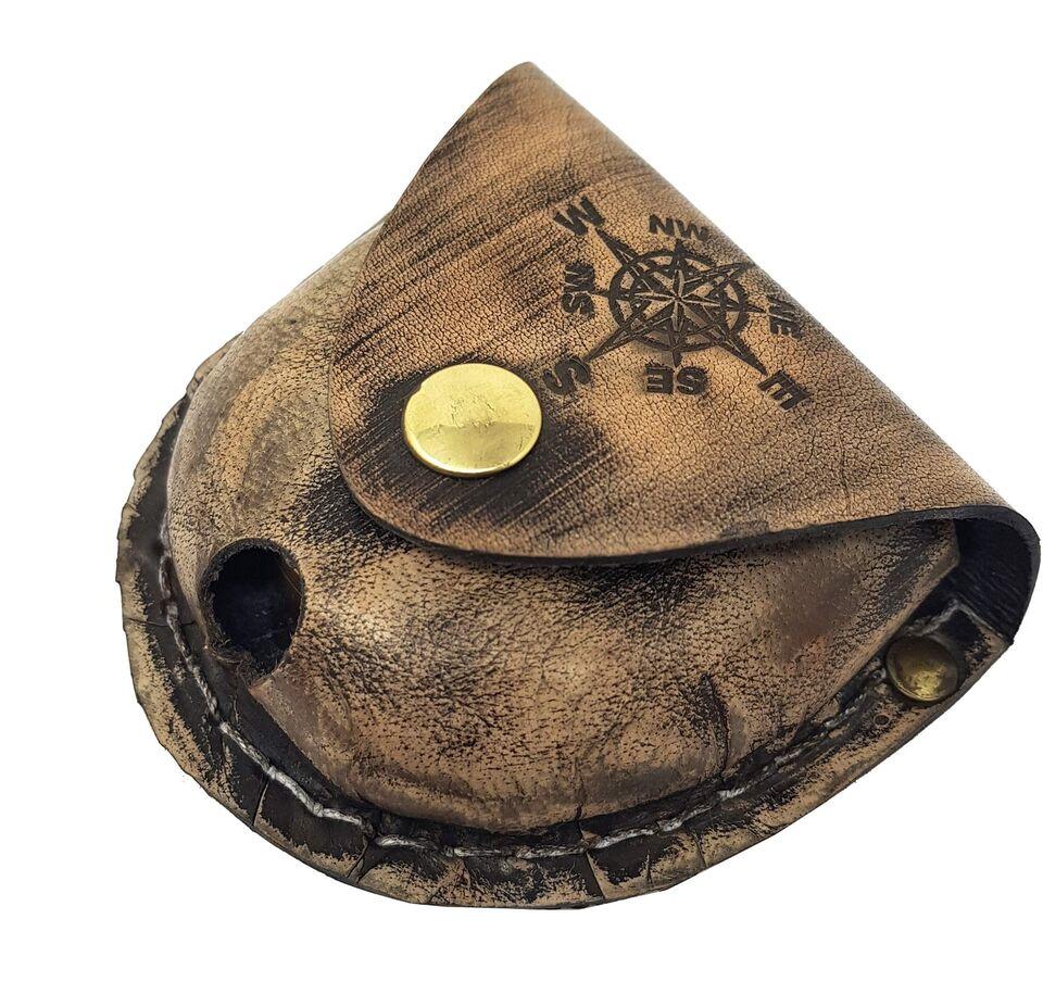 Brass Compass Nautical Pocket Backpacking Compass Leather Case Vintage Campin...
