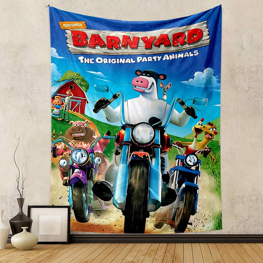 Barnyard Movie Tapestry Wall Hanging, Nick Park Style Farm Animals Comedy Art, Colorful Cartoon Wall Decor for Kids Bedroom