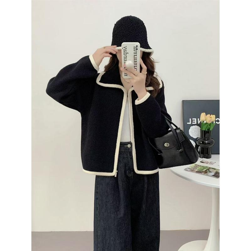 Spring New Zipper College Lapel Knitted Double-sided Woolen Cardigan Loose Soft Waxy Sweater Jacket Women