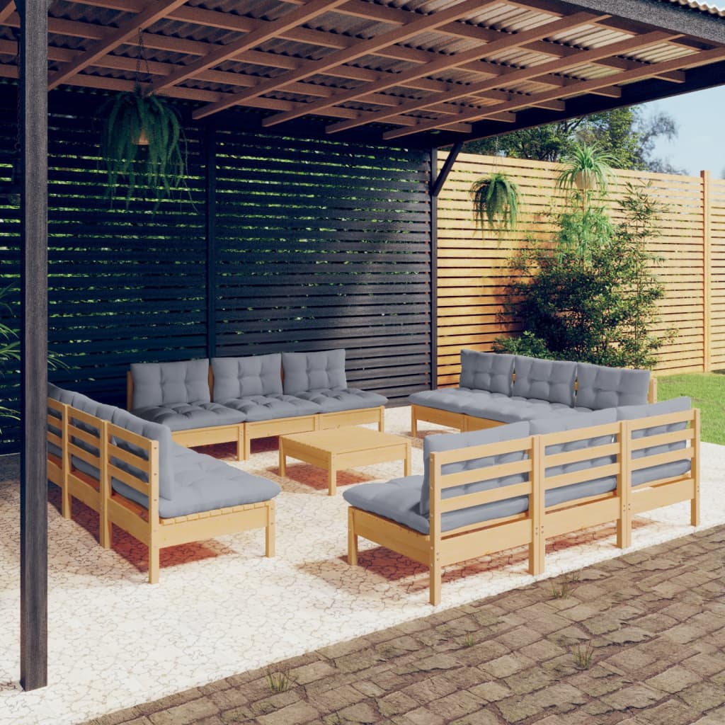 Vidaxl 13-Cz. Garden Lounge Set, Grey Cushions, Pine