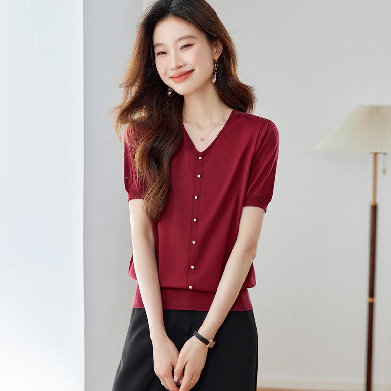 Srcr Women s V-Neck Silk Blend Short Sleeve Knit Top M