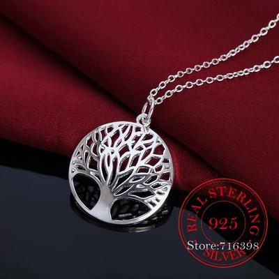 Tree of Life Crystal Round Small Pendant Necklace 925 Sterling Silver Bijoux Collier Elegant Women Jewelry Gift Drop Shipping