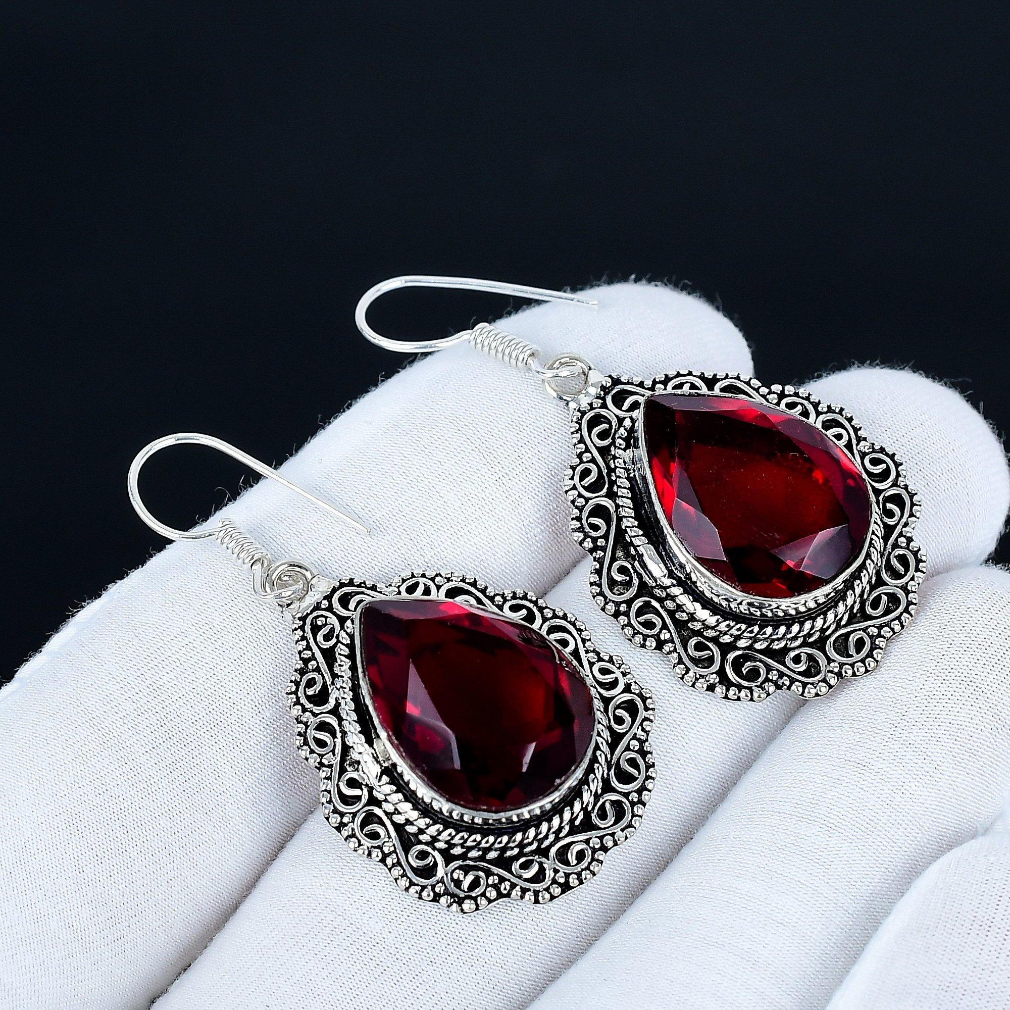 

Red Garnet Gemstone Earrings, 925 Sterling Silver Earrings, Silver Earrings For Gift, Red Garnet Dangle Drop Earrings For Anniversary Gifts 5 Cm