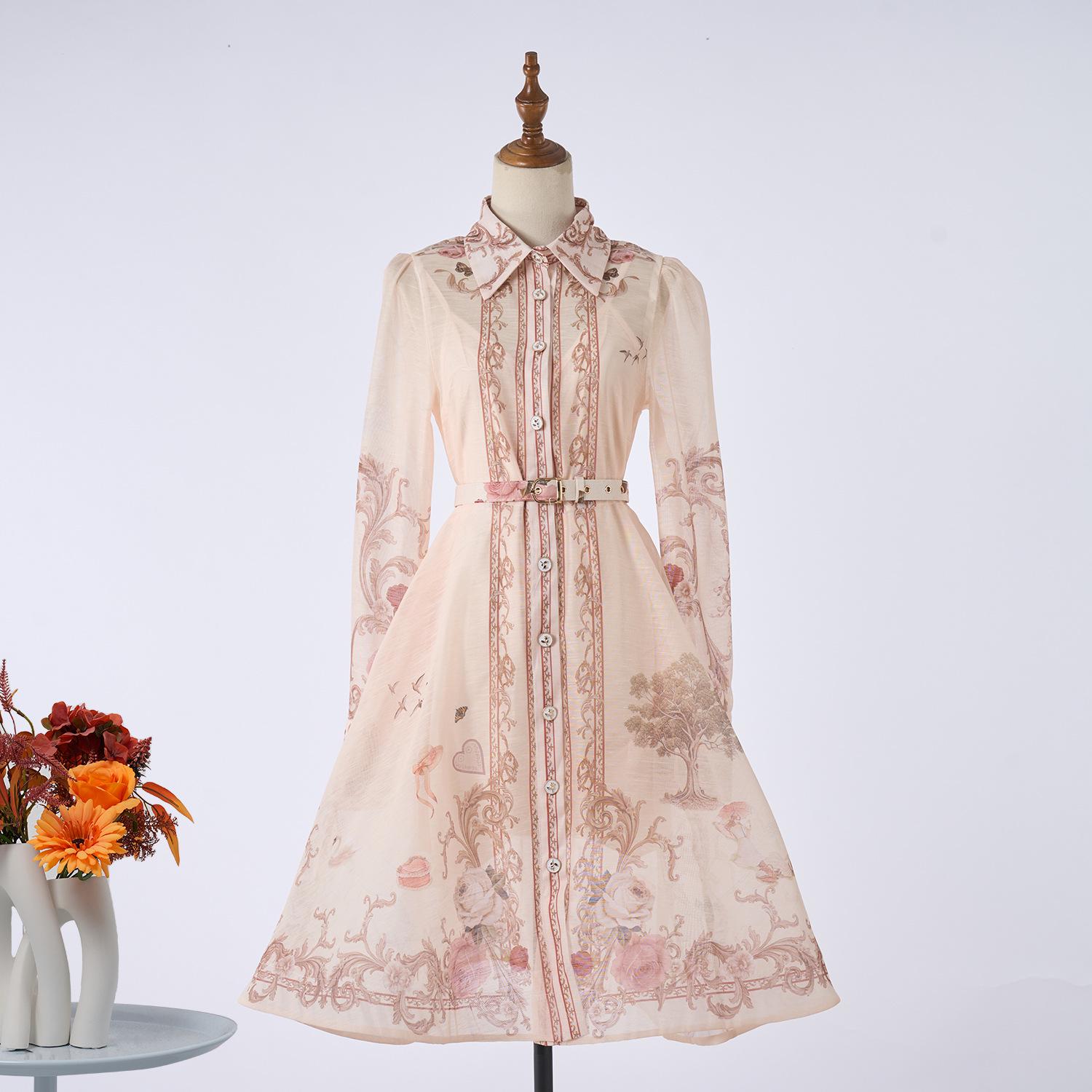 

Retro Map Print Long Sleeve Dress with Waistband & Shirt Collar for Autumn/Winter L абрикосовый