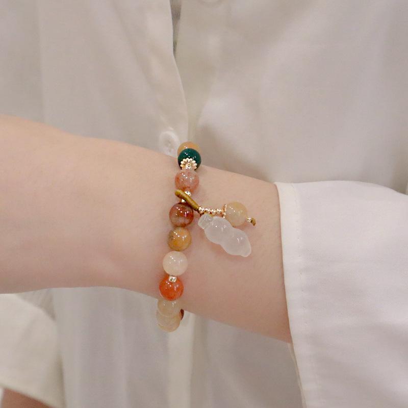 Vintage Vermilion Bracelet With Natural Gold Wire Jade Agate Gourd Peanut Bracelet Decorated With Vintage Chinese Style Accessories
